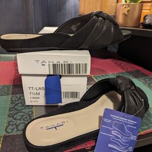 Tahari slide on dress sandals Tt lass 7.5 M black leather knot detail NEW NWB